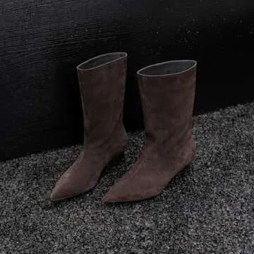 YIYA Women's Brown Suede Kitten Low Heel Mid Calf Boots Pointed Toe Wide Calf Pull On Winter Fall Short Boots