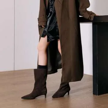 YIYA Women's Brown Suede Kitten Low Heel Mid Calf Boots Pointed Toe Wide Calf Pull On Winter Fall Short Boots