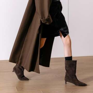 YIYA Women's Brown Suede Kitten Low Heel Mid Calf Boots Pointed Toe Wide Calf Pull On Winter Fall Short Boots