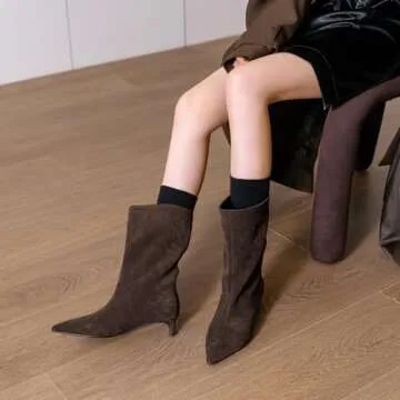 YIYA Women's Brown Suede Kitten Low Heel Mid Calf Boots Pointed Toe Wide Calf Pull On Winter Fall Short Boots