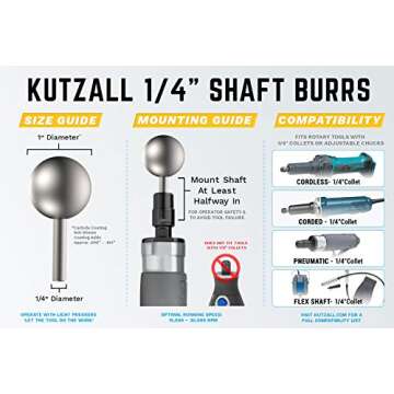 Kutzall Extreme Sphere Rotary Burr 1⁄4" Shaft, Very Coarse - Woodworking Attachment for Bosch, DeWalt, Milwaukee Tools. Abrasive Tungsten Carbide, 1" (25.4mm) Head Diameter, SX-1C