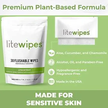 Litewipes Individual Flushable Wipes for Adults, Unscented Wet Wipes with Aloe & Hypoallergenic, Made in USA (30 Single Wrapped Personal Cleansing Wipes for Travel)