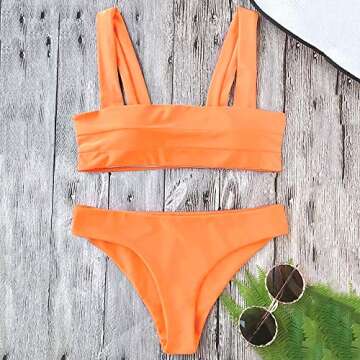 ZAFUL Women's Wide Straps Bandeau Neon Swimsuit Two Piece Removable Cups Bikini Set Swimwear