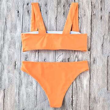 ZAFUL Women's Wide Straps Bandeau Neon Swimsuit Two Piece Removable Cups Bikini Set Swimwear