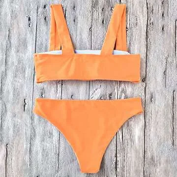 ZAFUL Women's Wide Straps Bandeau Neon Swimsuit Two Piece Removable Cups Bikini Set Swimwear