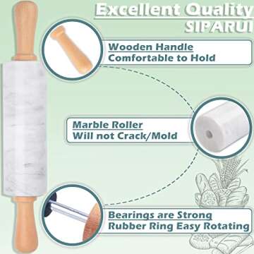 SIPARUI Marble Rolling Pin with Wooden Cradle Thick Handle Set for Baking,18.5 inch Premium Quality Polished Roller for Pizza Dough,Fondant,Pie Crust,Non-Stick Surface Easy to Clean(White)