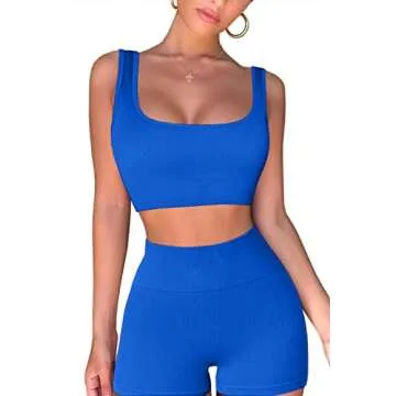 QINSEN Workout Sets for Women 2 Piece Seamless Ribbed Crop Tank High Waist Shorts Yoga Outfits Sapphire Blue M