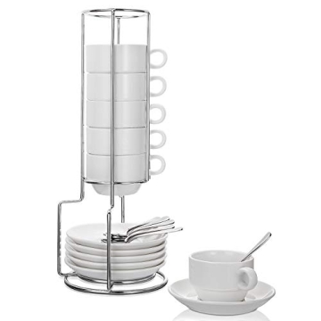 AOZITA Espresso Cups and Saucers with Spoons, Stand Rack, 19-piece Porcelain Stackable Mugs, 2.5-Oun...