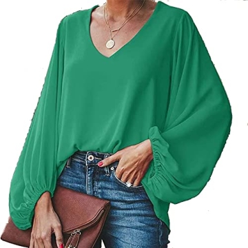 Elegant Chiffon Lantern Sleeve Blouse in Green - Plus Size
