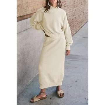 Pink Queen Women's Two Piece Sweater Skirt Set Knit Pullover Top Waffle Knit Maxi Dress Vacation Out...