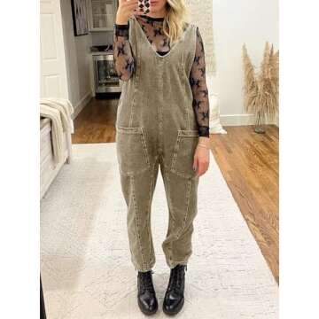 PLNOTME Women's Denim Overall Jumpsuits Sleeveless V Neck Adjustable Straps Jeans Long Pants Rompers