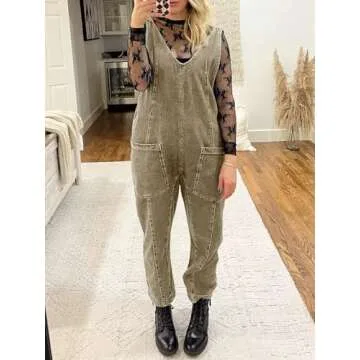 PLNOTME Women's Denim Overall Jumpsuits Sleeveless V Neck Adjustable Straps Jeans Long Pants Rompers