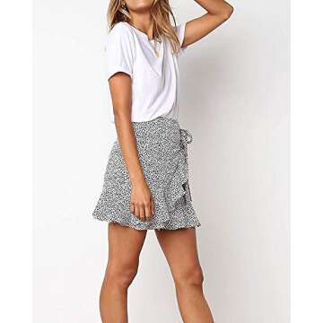 Women's Leopard Asymmetrical Ruffles High Waist Mini Skirt (White,Small)