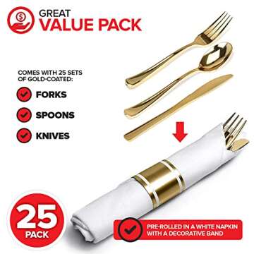 Pre Rolled Plastic Silverware Sets for Parties (25 Pack) Gold Cutlery Set, Disposable Spoons, Forks, Knives, Napkins Prewrapped, Heavy Duty Utensils Individually Wrapped for Wedding, Thanksgiving