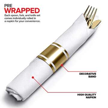 Pre Rolled Plastic Silverware Sets for Parties (25 Pack) Gold Cutlery Set, Disposable Spoons, Forks, Knives, Napkins Prewrapped, Heavy Duty Utensils Individually Wrapped for Wedding, Thanksgiving