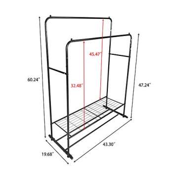 Clothing Garment Rack Metal Heavy Duty Double Rail Clothes Rack Organizer 2-Tier Storage Shelf for Boxes Shoes Boots Commercial Grade Multi-Purpose Entryway Shelving Unit for Home Office Bedroom Black