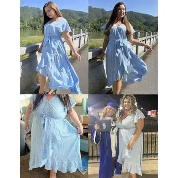 IN'VOLAND Plus Size Women Summer Bohemian Floral Casual Wrap V Neck Ruffle Short Sleeve Belt A-Line ...