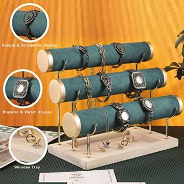 UUJOY 3 Tiers Bracelet Holder, Velvet Detachable Jewelry Display Stand, Bracelet Storage Organizer with Wooden Tray, Bracelet Stand for Watch Bangle Display (Green)