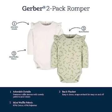 Gerber Baby Girl's 2-Pack Long Ruffle Sleeve Onesies, Flower Toss