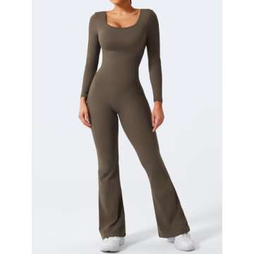 YEOREO One Piece Wide Leg Jumpsuits for Women Workout Long Sleeve Backless Flare Jumpsuit Lizvette Scrunch V Back Yoga Romper Coffee M