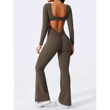 YEOREO One Piece Wide Leg Jumpsuits for Women Workout Long Sleeve Backless Flare Jumpsuit Lizvette Scrunch V Back Yoga Romper Coffee M
