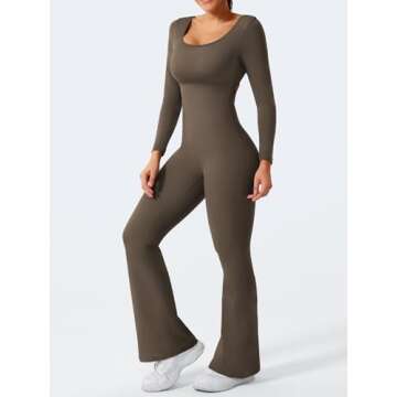 YEOREO One Piece Wide Leg Jumpsuits for Women Workout Long Sleeve Backless Flare Jumpsuit Lizvette Scrunch V Back Yoga Romper Coffee M
