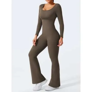 YEOREO One Piece Wide Leg Jumpsuits for Women Workout Long Sleeve Backless Flare Jumpsuit Lizvette Scrunch V Back Yoga Romper Coffee M