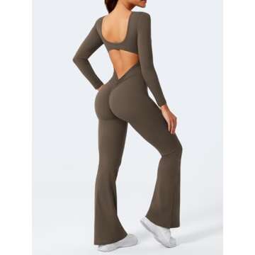 YEOREO One Piece Wide Leg Jumpsuits for Women Workout Long Sleeve Backless Flare Jumpsuit Lizvette Scrunch V Back Yoga Romper Coffee M
