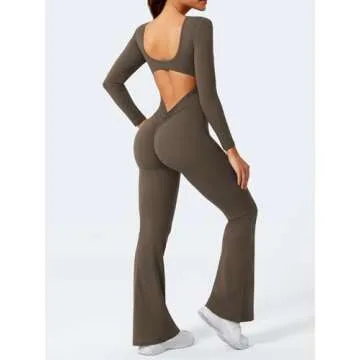YEOREO One Piece Wide Leg Jumpsuits for Women Workout Long Sleeve Backless Flare Jumpsuit Lizvette Scrunch V Back Yoga Romper Coffee M