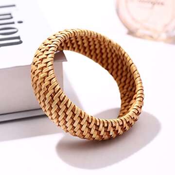 HEIDKRUEGER Rattan Bracelet For Women Handmade Lightweight Straw Wicker Braid Woven Bangle Bracelet Summer Statement Chunky Bracelet (Rattan B)
