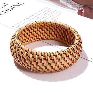 HEIDKRUEGER Rattan Bracelet For Women Handmade Lightweight Straw Wicker Braid Woven Bangle Bracelet Summer Statement Chunky Bracelet (Rattan B)