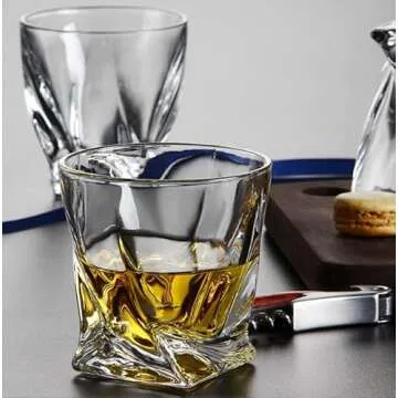 Mofado Crystal Whiskey Glasses - Twisted (Set of 4) 10oz- Sturdy and Stable - Old Fashioned Cocktail Glasses, Scotch, Borboun, Martini - Lowball Tumbler/Rock Glasses- Ideal Gift