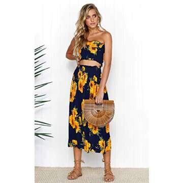 Angashion Women's Floral Crop Top Maxi Skirts Set 2 Piece Outfit Dress Navy Blue L
