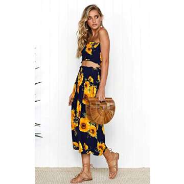 Angashion Women's Floral Crop Top Maxi Skirts Set 2 Piece Outfit Dress Navy Blue L