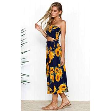 Angashion Women's Floral Crop Top Maxi Skirts Set 2 Piece Outfit Dress Navy Blue L