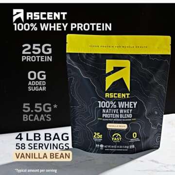 Ascent 100% Whey, Native Whey Protein Blend - Clean Post Workout Recovery, Digesting, Zero Artificial Flavors & Sweeteners, Gluten Free, 5.5g BCAA, 2.6g Leucine, Vanilla Bean 4 lb.