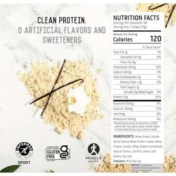 Ascent 100% Whey, Native Whey Protein Blend - Clean Post Workout Recovery, Digesting, Zero Artificial Flavors & Sweeteners, Gluten Free, 5.5g BCAA, 2.6g Leucine, Vanilla Bean 4 lb.