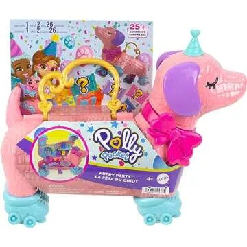 Polly Pocket 2-in-1 Travel Toy Playset, Puppy Party Large Compact with 2 Dolls & Birthday Accessories