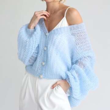 Lightweight Summer Cardigan for Women Sweaters Netted Crochet Knit Button Loose Sheer Outerwear (S, Blue)