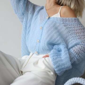 Lightweight Summer Cardigan for Women Sweaters Netted Crochet Knit Button Loose Sheer Outerwear (S, Blue)