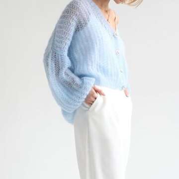 Lightweight Summer Cardigan for Women Sweaters Netted Crochet Knit Button Loose Sheer Outerwear (S, Blue)