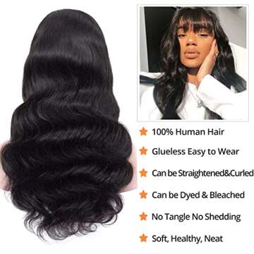 Body Wave Wigs with Bangs Human Hair Wigs for Black Women None Lace Front Wigs 150% Density Brazilia...