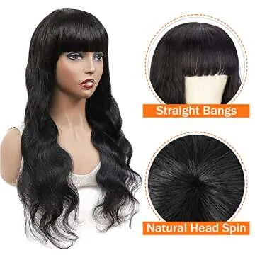 Body Wave Wigs with Bangs Human Hair Wigs for Black Women None Lace Front Wigs 150% Density Brazilian Virgin Hair Glueless Machine Made Wig Natural Color(20 Inch, Body Wave)