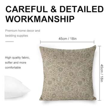 Throw Pillows Covers Designer Pale Light Blue and Brown Floral Pillow Cover Natural Style Lined Linen Throw Pillow Cases Cushion Cover for Bed/Sofa 18X18 Inch Natural Linen