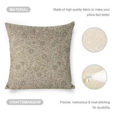 Throw Pillows Covers Designer Pale Light Blue and Brown Floral Pillow Cover Natural Style Lined Linen Throw Pillow Cases Cushion Cover for Bed/Sofa 18X18 Inch Natural Linen