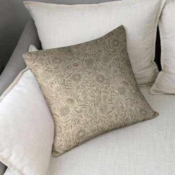 Throw Pillows Covers Designer Pale Light Blue and Brown Floral Pillow Cover Natural Style Lined Linen Throw Pillow Cases Cushion Cover for Bed/Sofa 18X18 Inch Natural Linen