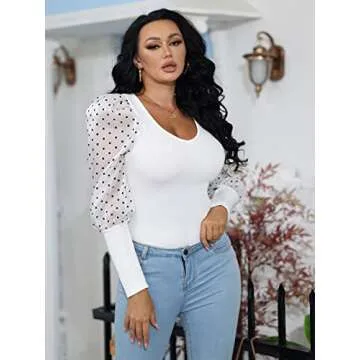 Mesh Puff Sleeve Blouse Tops for Women - Casual Rib Knitted Slim Fit Pullover Tunic Tops