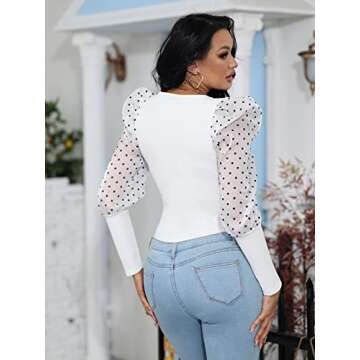 Mesh Puff Sleeve Blouse Tops for Women - Casual Rib Knitted Slim Fit Pullover Tunic Tops