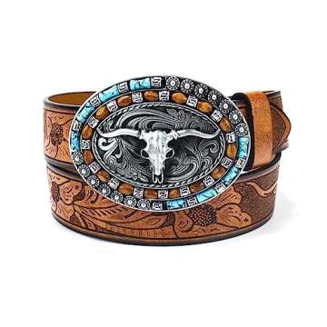 Utaly Western Cowboy Cowgirl Leather Belts - Women Men Turquoise Embossed Waist Belts With LongHorn Bull Buckles Fit 25-39”