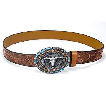 Utaly Western Cowboy Cowgirl Leather Belts - Women Men Turquoise Embossed Waist Belts With LongHorn Bull Buckles Fit 25-39”